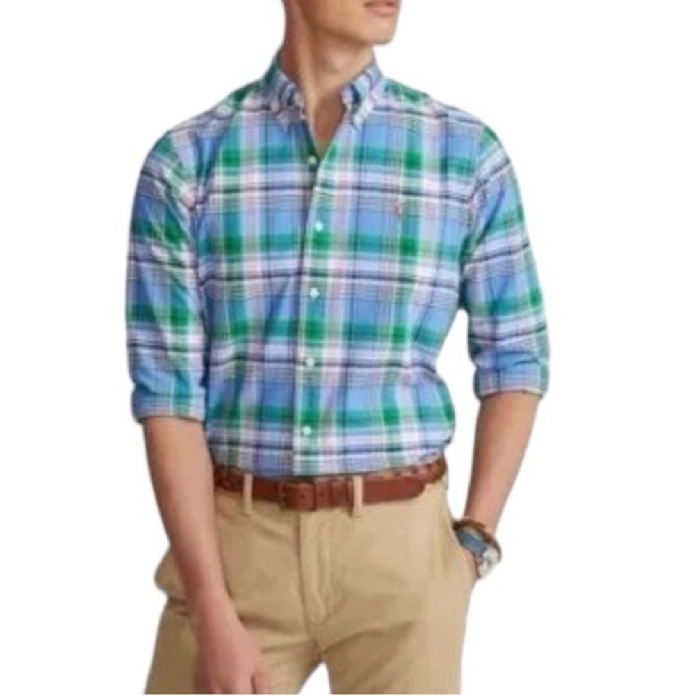 Polo Ralph Lauren Long Sleeve Button Down Green Blue Pink Plaid Oxford Shirt S